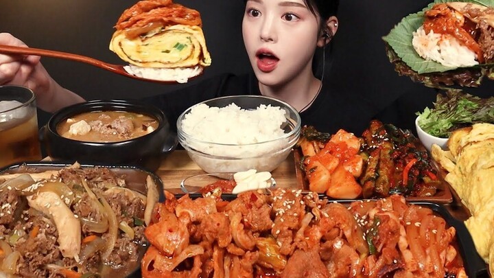 【Boki Vietsub】Mukbang: Mực cay xào thịt heo cay, thịt nướng, trứng cuộn, canh tương đậu!