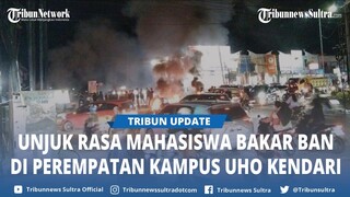 Aksi Unjuk Rasa Mahasiswa Bakar Ban di Perempatan Kampus UHO Kendari Sulawesi Tenggara