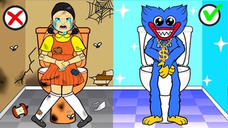 SQUID GAME! Keep Your Toilet Clean - Rich Huggy Wuggy VS Poor Squid Game | DIY Paper Dolls & Cartoon