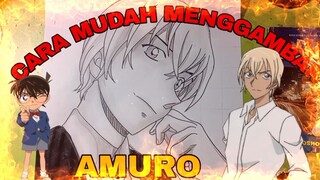 cara mudah menggambar anime detektif Conan, amuro