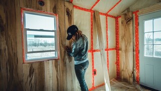 DIY Off-Grid Cabin: 1st Maple Board Wall Installed - Did My Outlets FIT?! Off-Grid Cabin Vlog #17