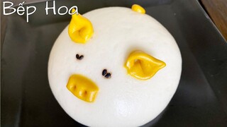 Bánh bao heo nhân kem chuối_Nhồi bột bánh bằng tay,bánh nở xốp mịn mặt/Piggy dumplings with cream