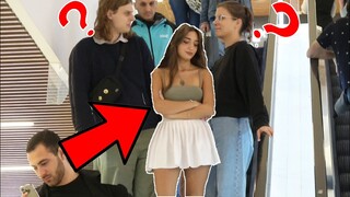 A very naughty girl on the escalator prank - Touching Hands On Escalator