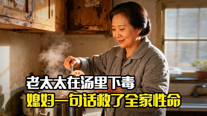 An old woman poisons the soup, planning to wipe out the whole family, but a single word from her dau