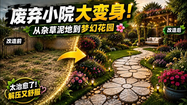 标题：废弃小院大变身！从杂草泥地到梦幻花园🌸✨Hashtags：#花园改造 #庭院改造 #园艺 #改造前后 #解压视频