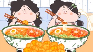 -Yanghuahua Family Animation Mukbang |ฉันกับแม่ดื่มด่ำไปกับบะหมี่เย็นและโครเกต์~