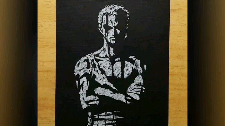 Menggambar Roronoa Zoro Tinta Putih Kertas Hitam