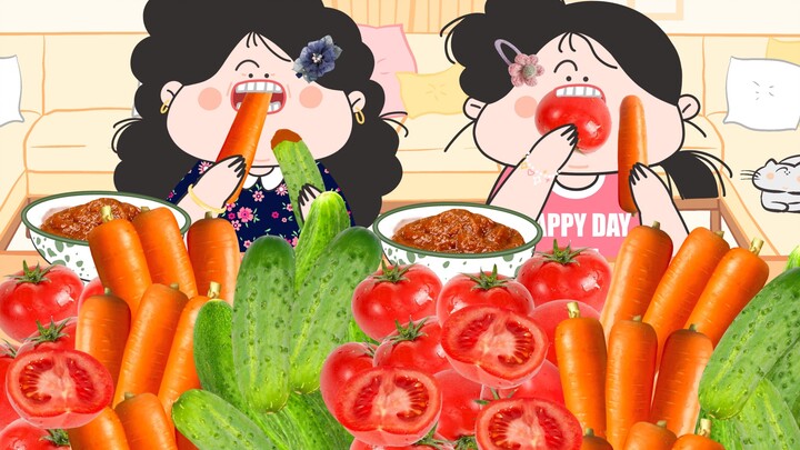 Cuacanya terlalu panas, ayo kita makan sayur sepuasnya bersama ibu untuk menghilangkan panas ~