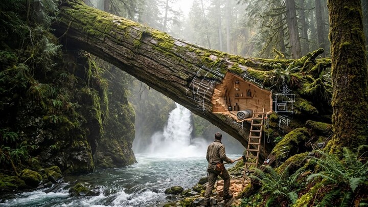Building a Hidden Luxury Cabin Inside a Giant Tree Over a Waterfall 🌲💧✨