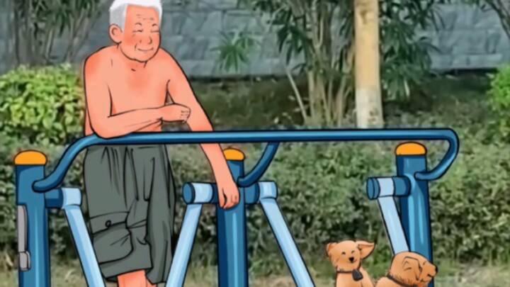 The old man and his two dogs exercised in the park, and they were very happy! !