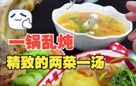 A hodgepodge stew, elegantly presented as two dishes and one soup.