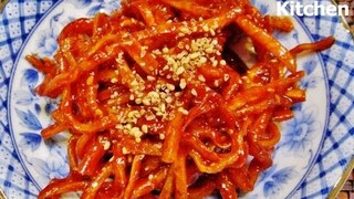 Sweet & Spicy Korean Dry Cuttlefish Side Dish (마른오징어채무침) by Omma's Kitchen