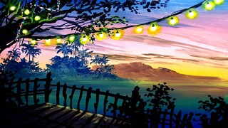 Melukis Sunset dan Cahaya Lampu - Acrylic Painting
