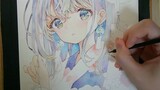 How to color with watercolor, blue and transparent wind chime girl