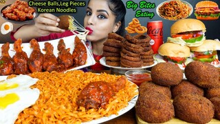 ASMR Eating Spicy Veg Burger,Cheese Balls,Fried Chicken,Noodles,Egg Street Food ASMR Eating Mukbang