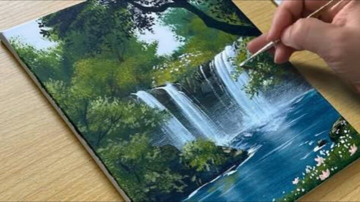 Peaceful Waterfall Painting - Relaxing Nature Scenery Acrylic Art.