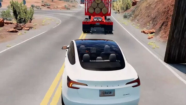 Which car can surpass the extended timber truck in front?
