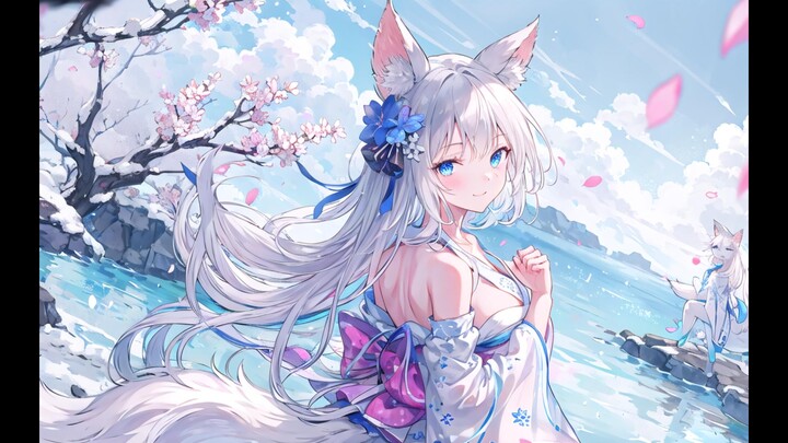 ~ Spring Snow and Fox Lady ~ Dusk Snow and Flying Flowers Painting the Landscape