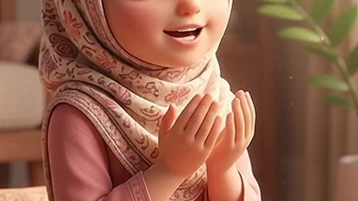 3D Pixar style animated video of a cute 5-year-old cartoon girl with big expressive eyes, wearing a