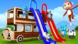 Funny Elephant Monkey Ride Double Decker Bus Slider with Forest Animals in Zoo | 3D Animal Cartoons