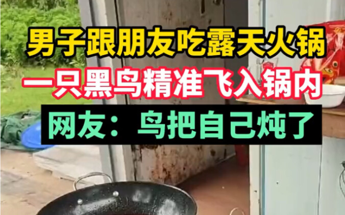A man was enjoying an outdoor hot pot with friends when a black bird swooped straight into the pot—n
