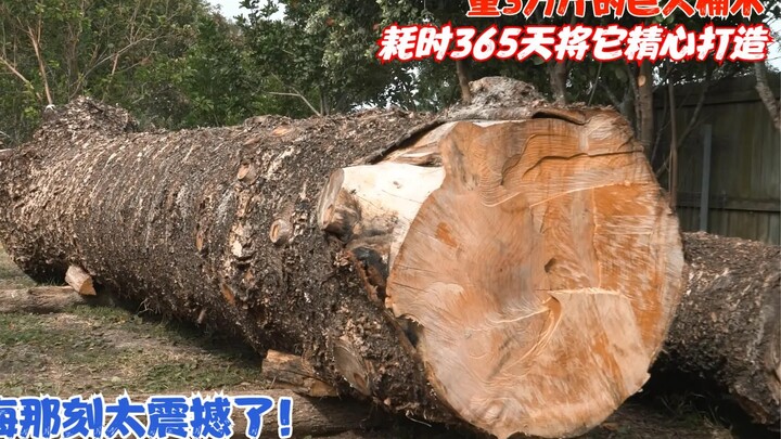 重3万斤的巨大楠木，耗时365天将它精心打造，入海那刻太震撼了