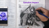 Menggambar karakter Genshin Impact di atas buku pelajaran