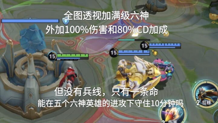 Penglihatan penuh dengan peningkatan damage 100%, enam hero maksimal level, tetapi tidak ada jalur m