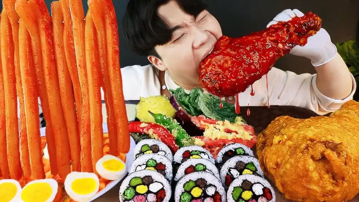 Mukbang | Fried Vegetables and Chicken Leg, Korean Rice Cake, Gimbap