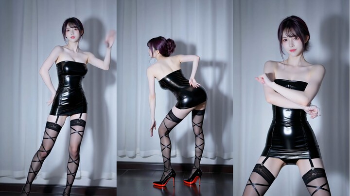 Leather skirt, garter stockings, arrogant hip swivel