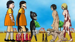 Squid Game Zombie, Cartoon Cat, Vs  Eren Titan, Female TItan, Jason, Freddy - Animation