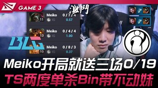 BLG vs. IG: Meiko starts the match with a 0/19 in three games! TheShy solo kills Bin twice, but can'
