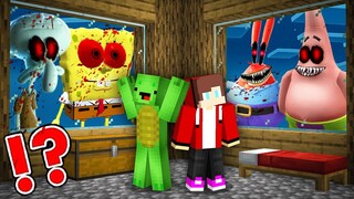 JJ and Mikey HIDE From Scary SPONGEBOB.EXE At Night in Minecraft Challenge Maizen