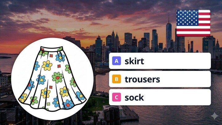 English Vocabulary Quiz: skirt, sock, trousers, ring (A/B/C)