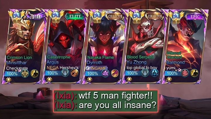 MOBILE LEGENDS 5 MAN RED SKIN FIGHTER IN RANK!!(best strongest fighter in one te