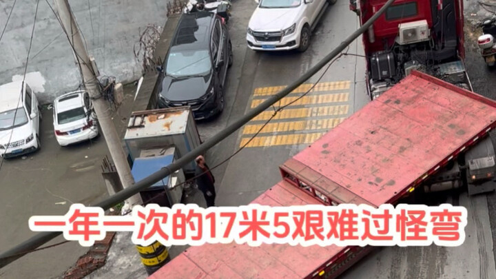 The 17.5-meter semi-trailer takes a tricky bend once a year, with the veteran driver pulling off an 