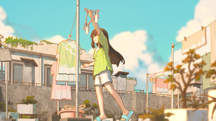 مظهر فتاة صغيرة تبلغ من العمر 13 عامًا وهي تصعد إلى سطح المبنى لتعليق الملابس صباحًا (يوم عادي - شيا