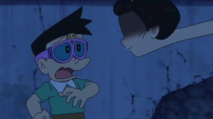 Doraemon, Nobita puts on the courage-testing glasses, and everything in front of him becomes terrify