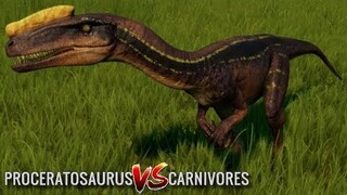 Proceratosaurus vs Herrerasaurus, Indoraptor, Spinoraptor, Velociraptor, Troodon, Dilo & Deinonychus