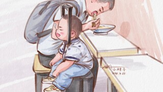 พ่ออยู่กับลูกชาย ลูกชายคนเล็กง่วงมาก ส่วนลูกชายคนโตหิวมาก