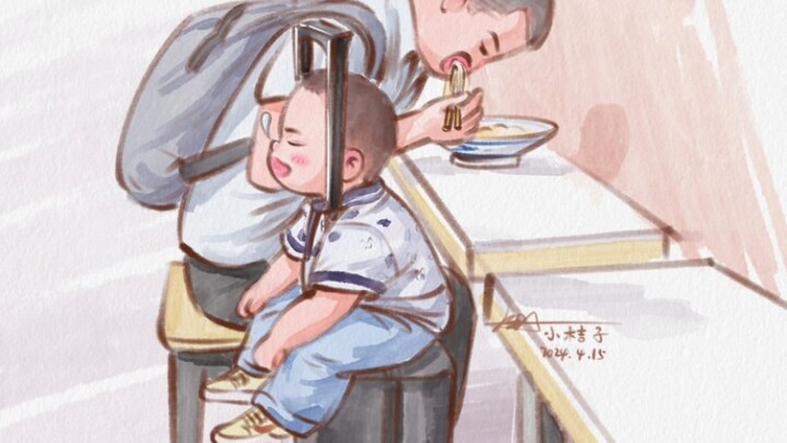 พ่ออยู่กับลูกชาย ลูกชายคนเล็กง่วงมาก ส่วนลูกชายคนโตหิวมาก