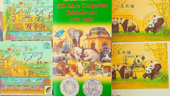 Самая первая 5 евро монета и марки Австрии 2002 - 250 лет Венскому Зоопарку