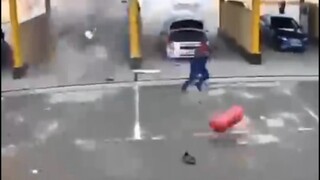 Car explosion, gas tank free, person flung away