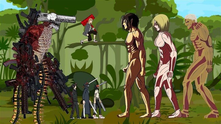 Eren Titan, Female Titan, Armor Titan vs ChainsawMan, Aki Gun Devil, Katana Man, Power - DC2