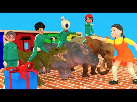 Scary Teacher 3D vs Squid Game overcome obstacles competition to receive rewards, dinosaurs, hippos
