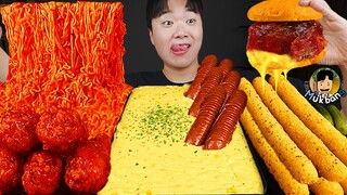 ASMR MUKBANG 직접 만든 치즈 햄버거 치즈스틱 불닭볶음면 치킨먹방! & 레시피 FIRE NOODLES AND JOLLIBEE BURGER EATING SOUND!