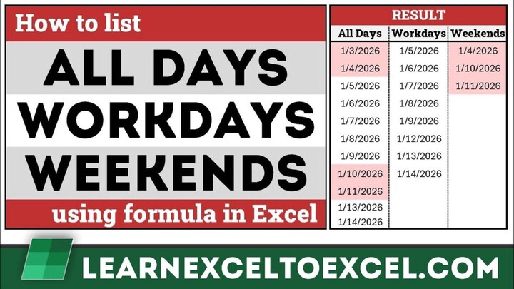 List All the Dates, Workday or Weekend ONLY dates between two dates in Excel using Formula