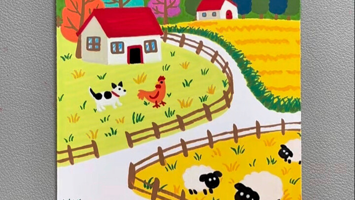 丙烯马克笔画秋天风景主题画，简单有趣，快和孩子一起涂涂画画吧！#秋天风景画#秋天主题画 #丙烯马克笔绘画 #创意美术