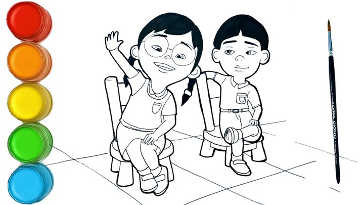 menggambar dan mewarnai Mei-mei dan Mail Belajar di Sekolah | Upin & Ipin kreatif anak