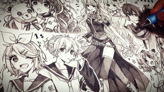 [Lukisan] Menggambar 初音ミク&鏡音リン・レン&巡音ルカ dalam buku sketsa